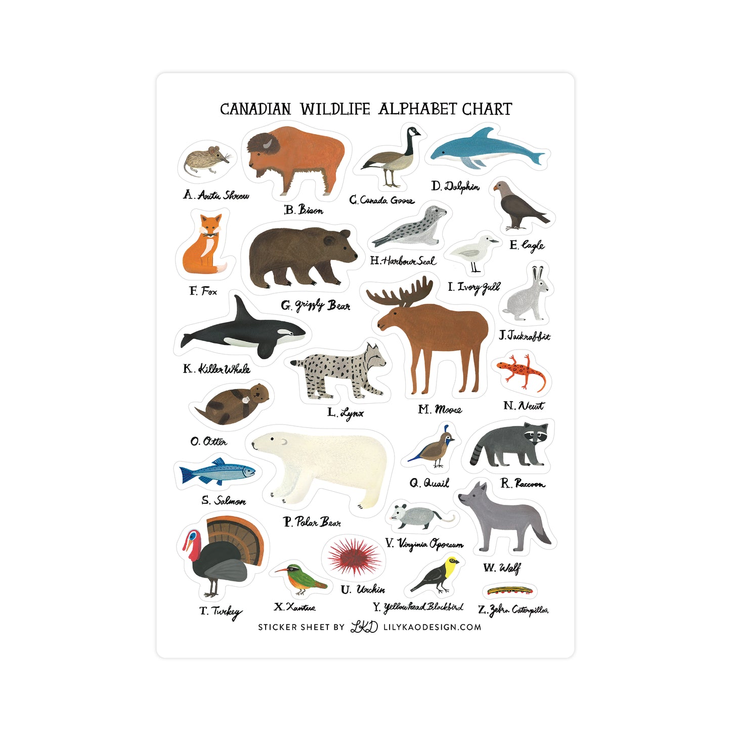 Canadian Wildlife Alphabet Sticker Sheet