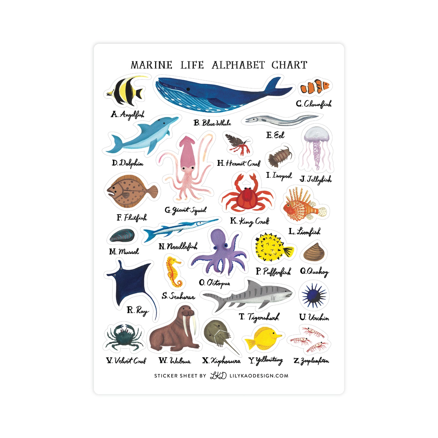 Marine Wildlife Alphabet Sticker Sheet